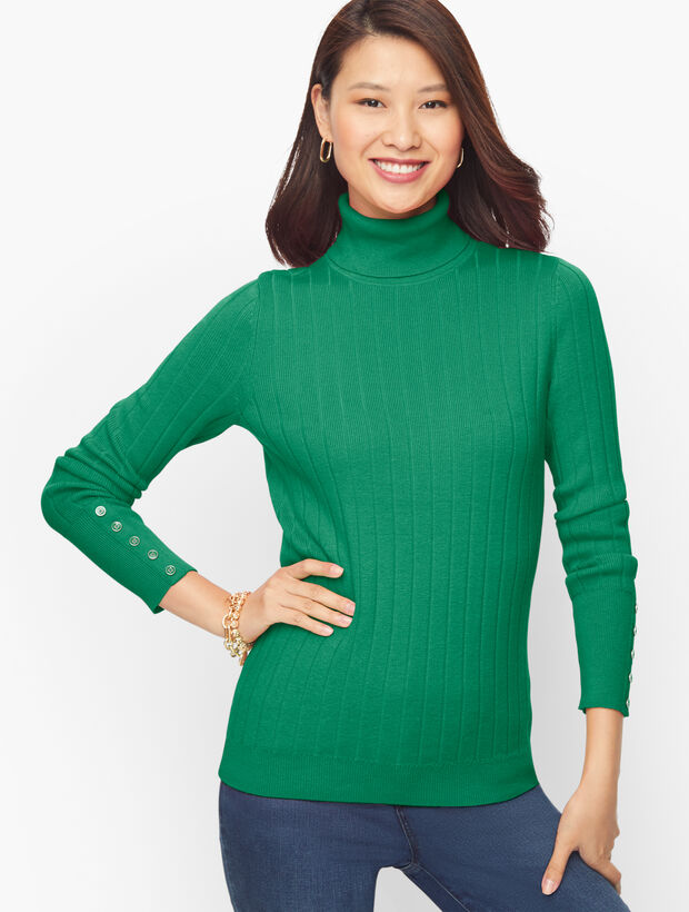 Ribbed Button Cuff Turtleneck Sweater