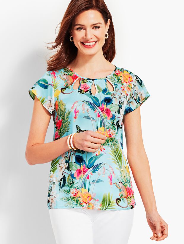 Flutter-Sleeve Teardrop Cutout Top