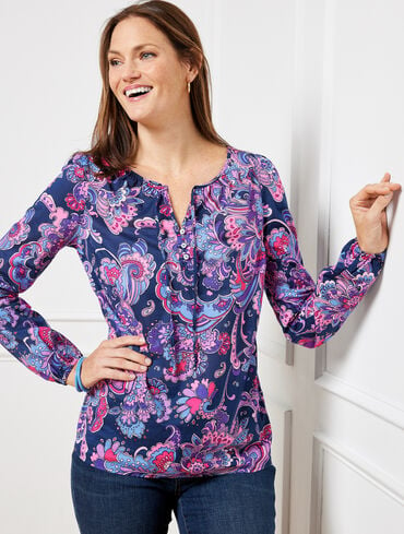 Gathered Tie Neck Top - Swirl Floral