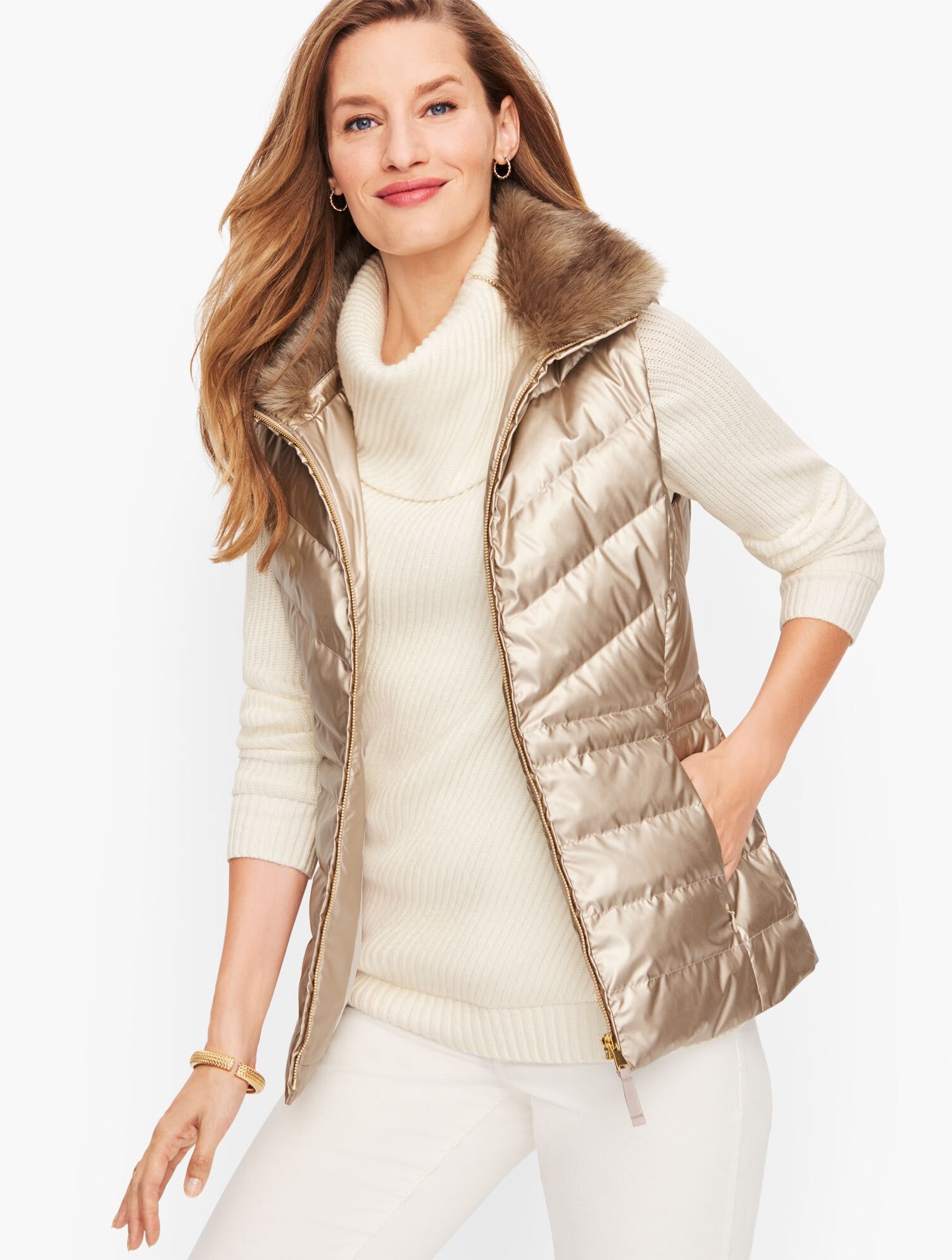 Faux Fur Collar Down Puffer Vest Metallic Talbots