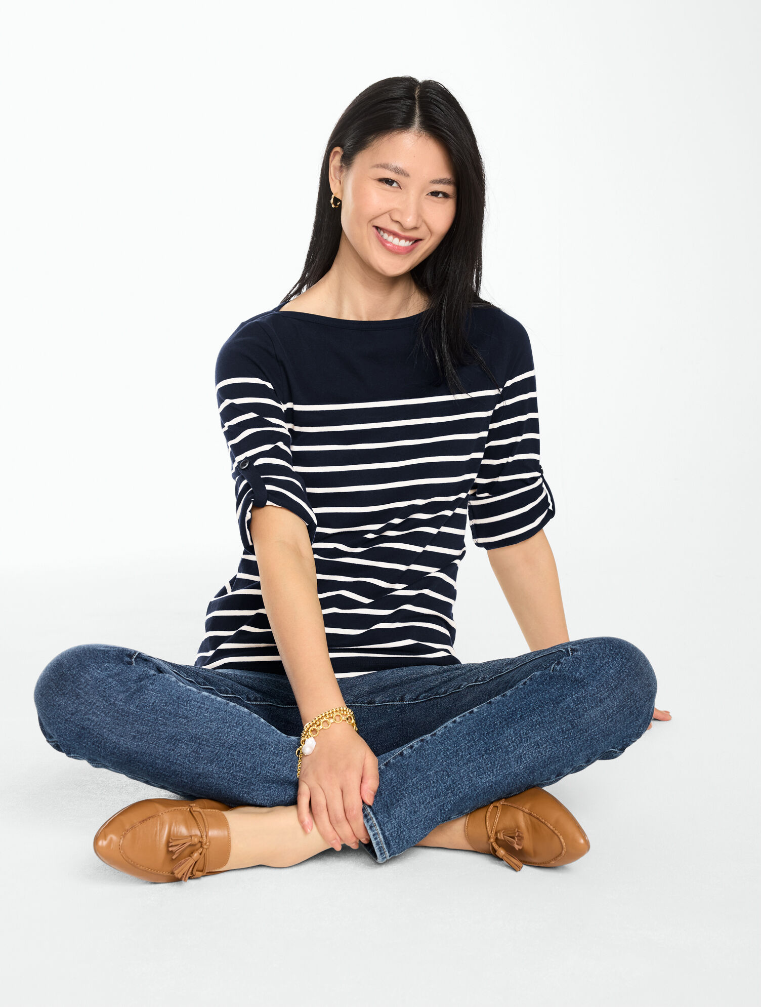 Roll Cuff Bateau Neck Top - Love Stripe