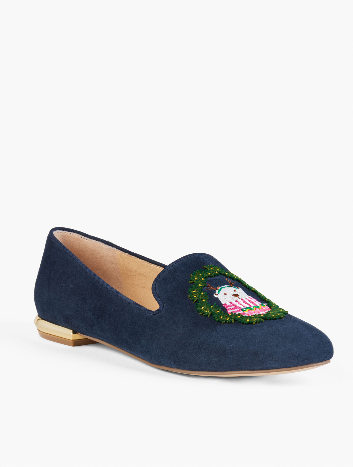 Green Suede Loafers with Embroidered Bears Dark Navy Dancing Bears Belgian Loafers | Smathers and Branson main image 3