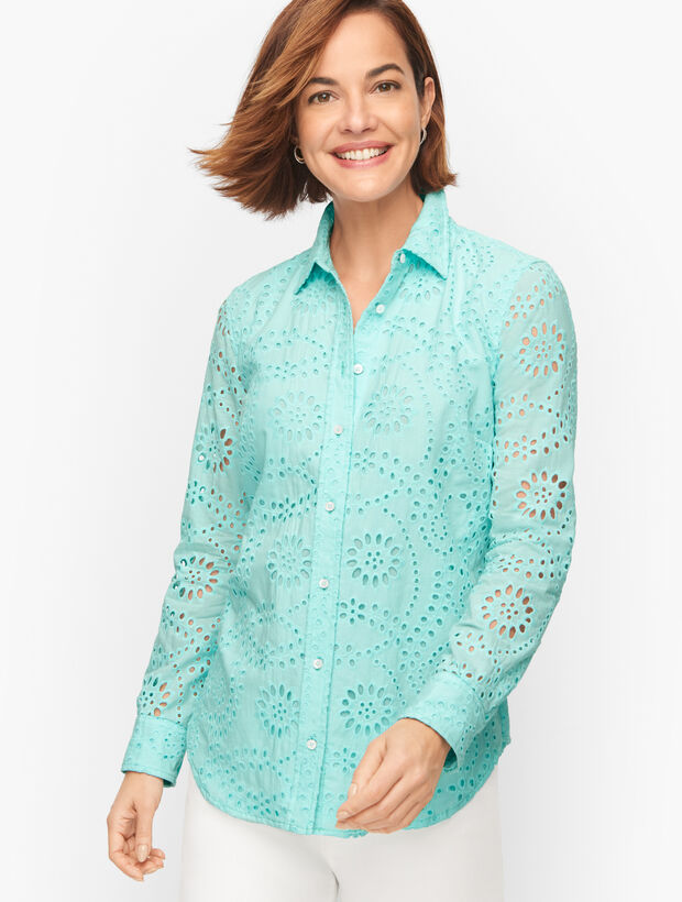 Cotton Button Front Shirt - Swirling Eyelet