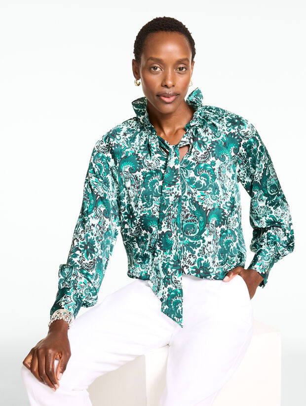 Tie Neck Ruffle Top - Divine Damask