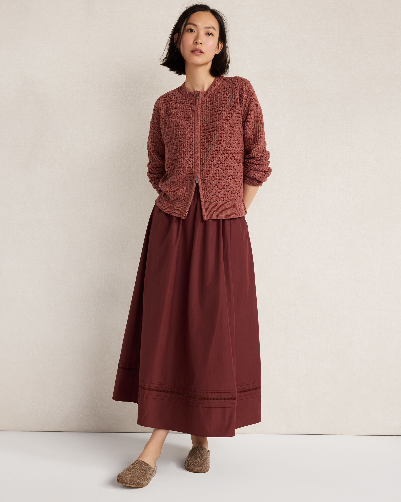 Pima Cotton Poplin Lace Pintuck Midi Skirt