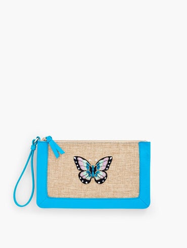 Embroidered Butterfly Linen Wristlet