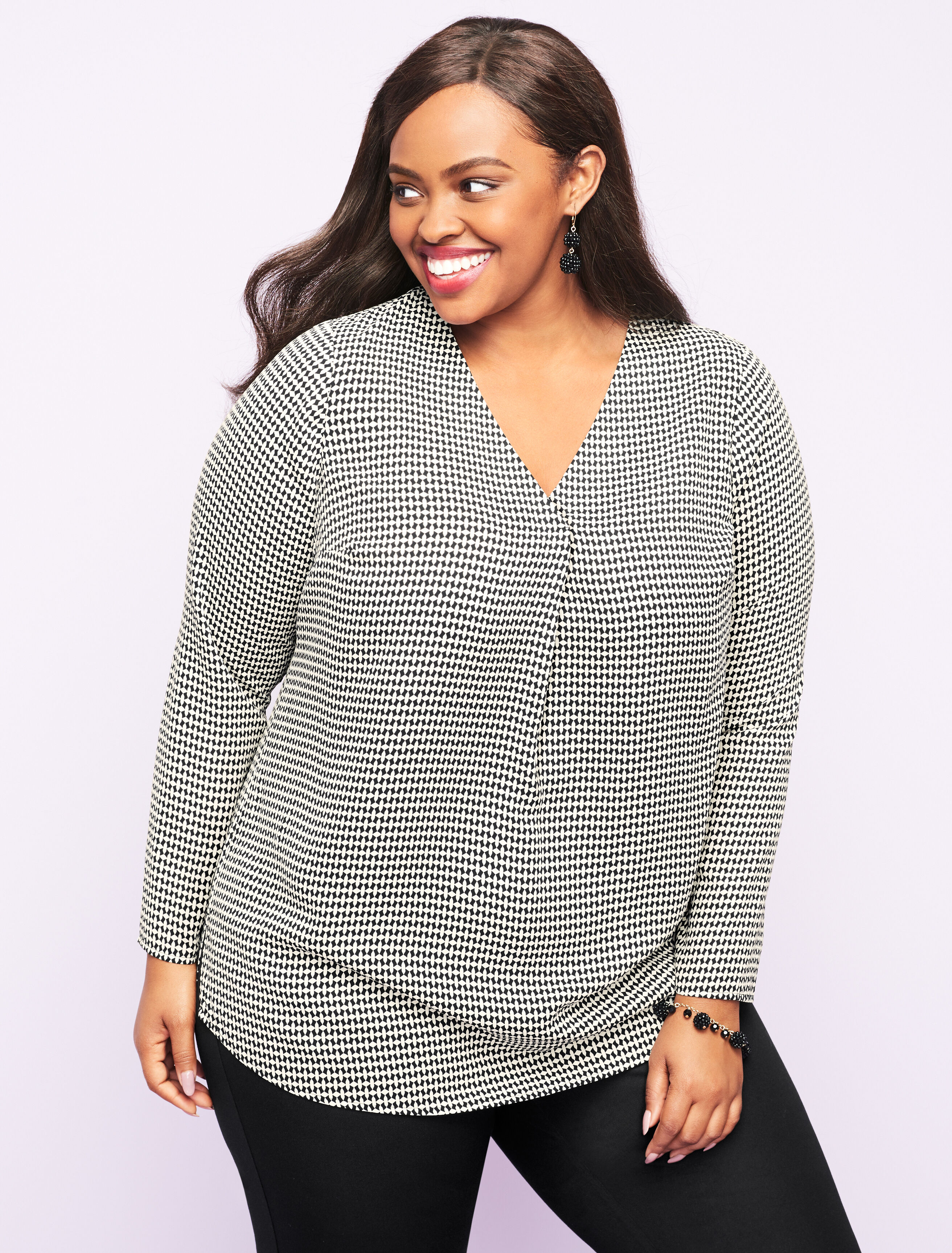 Plus Size Crepe Pleated Blouse - Diamond Print