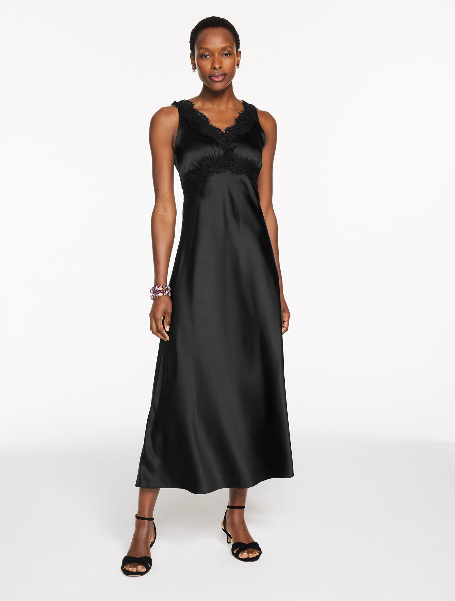 Lace Trim Satin Midi Dress
