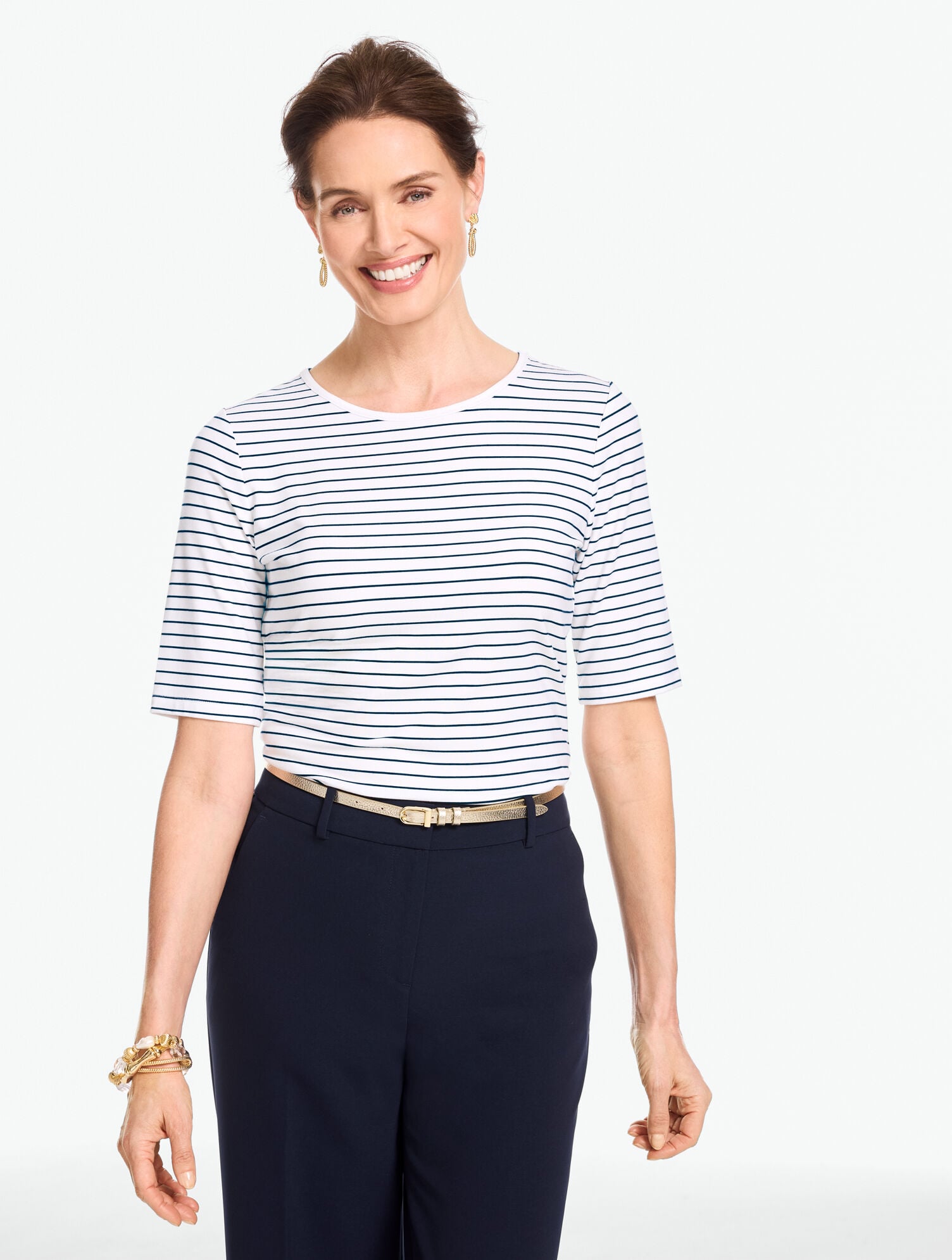 Platinum Jersey Elbow Sleeve Top - Kelly Stripe
