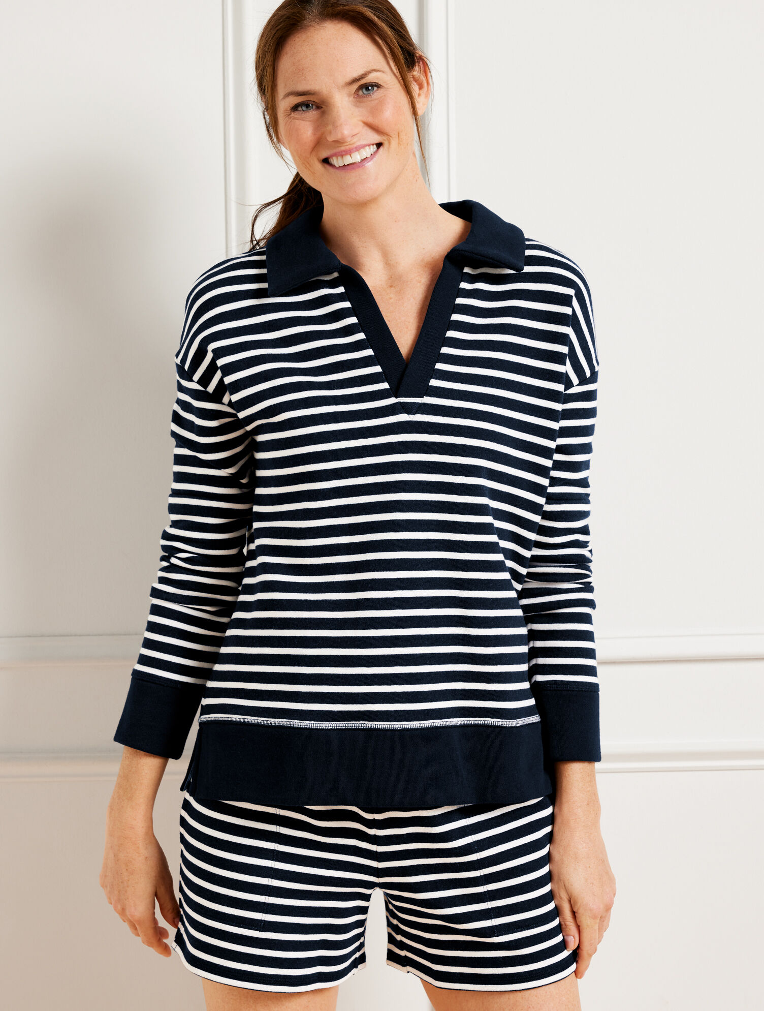 Cotton French Terry Johnny Collar Pullover - Wander Stripe