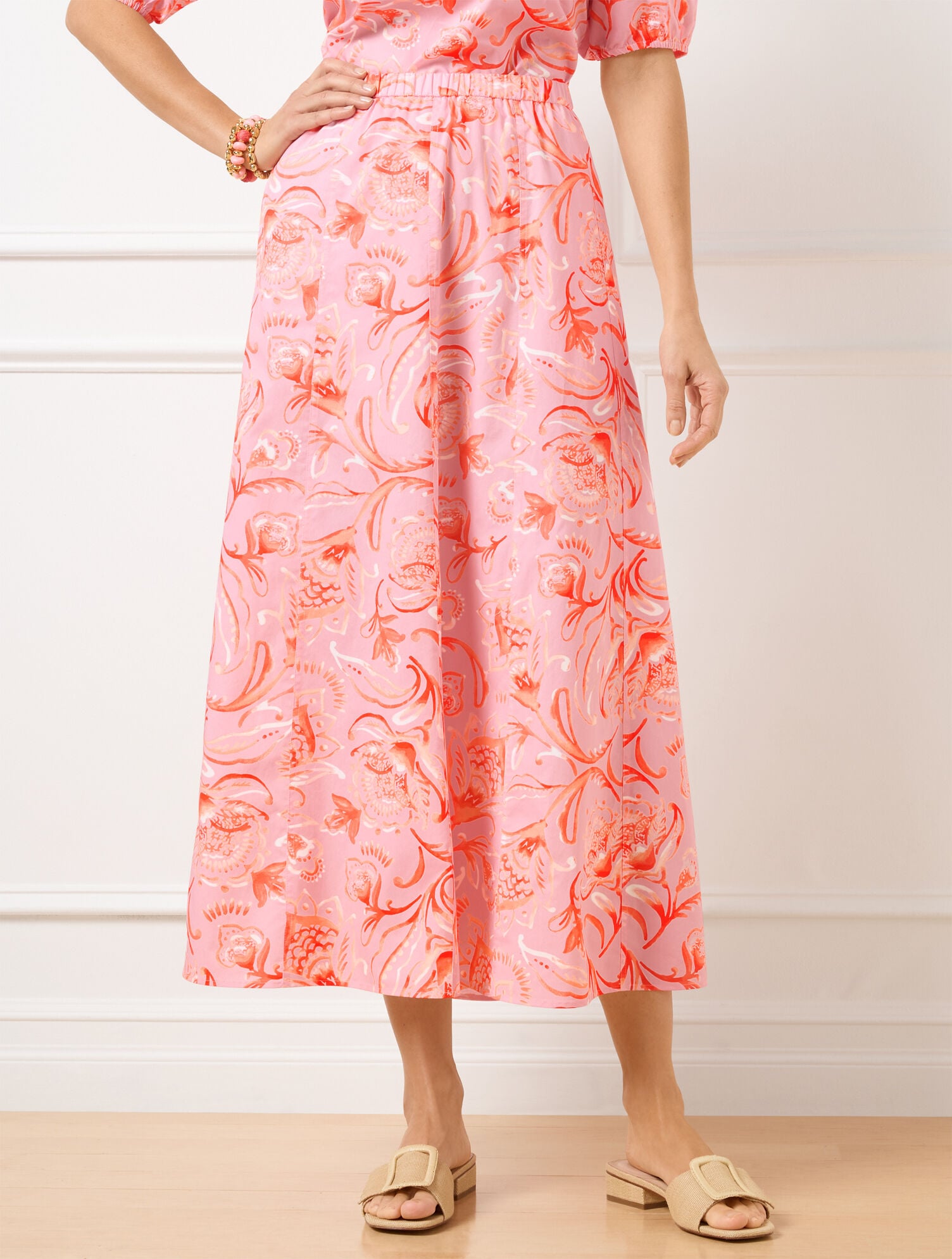 Fresh Poplin Seamed Midi Skirt - Jacobean Fantasia | Talbots