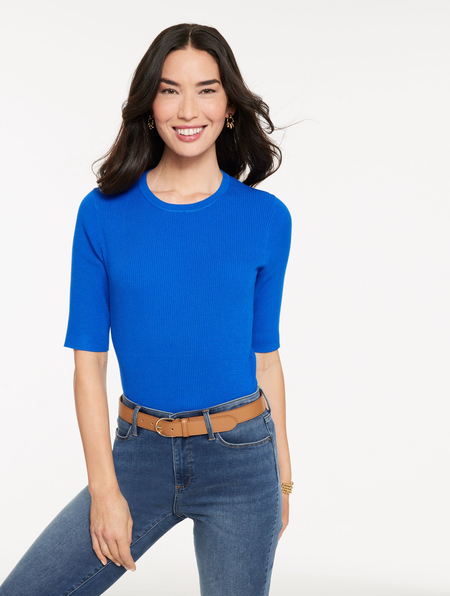 Elbow Sleeve Ribbed Crewneck Sweater