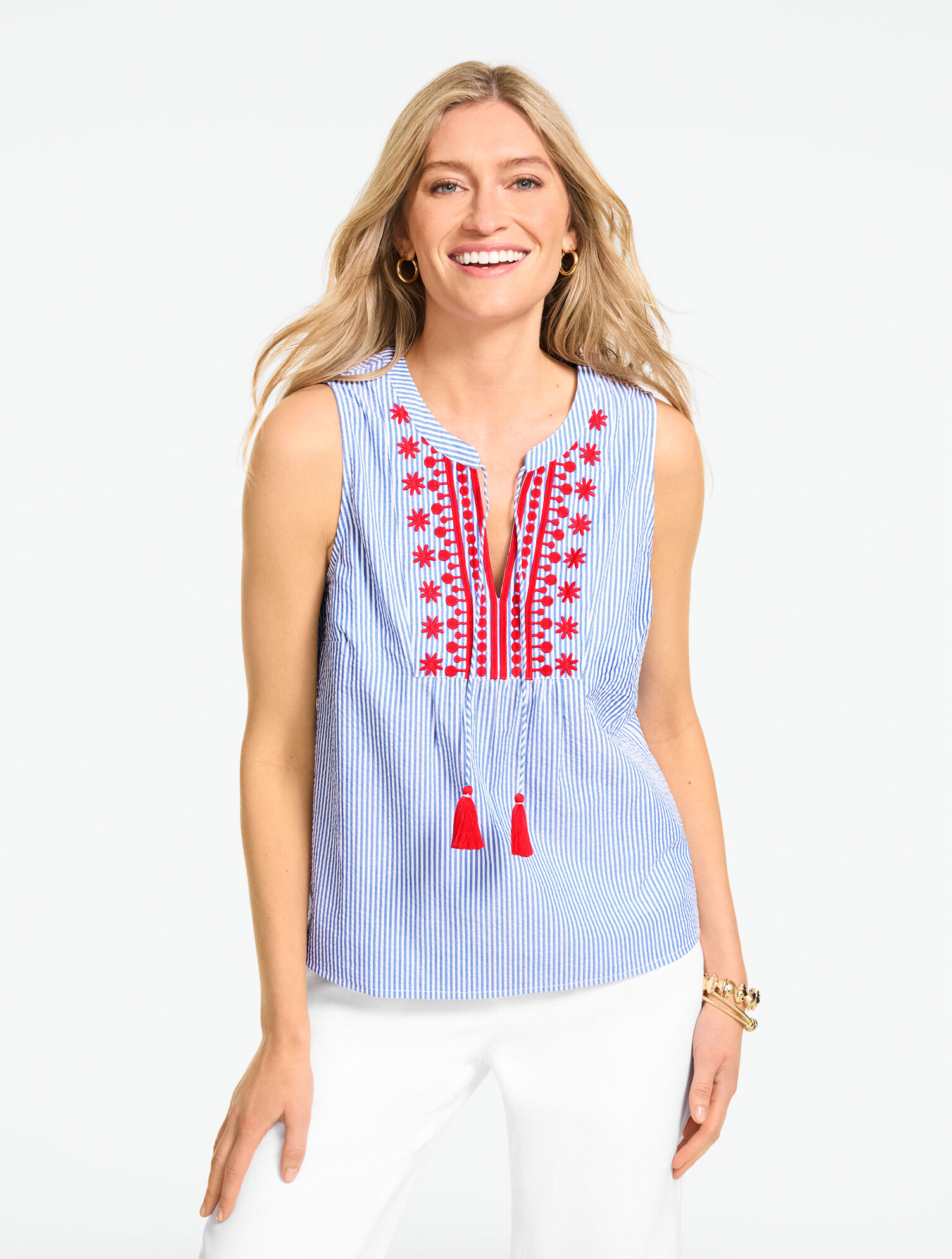 Breezy Stripe Seersucker Embroidered Shell