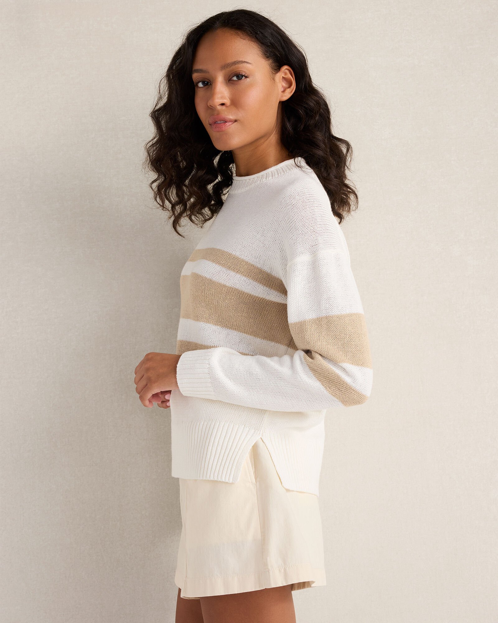 Cotton Linen Stripe Roll Neck Sweater