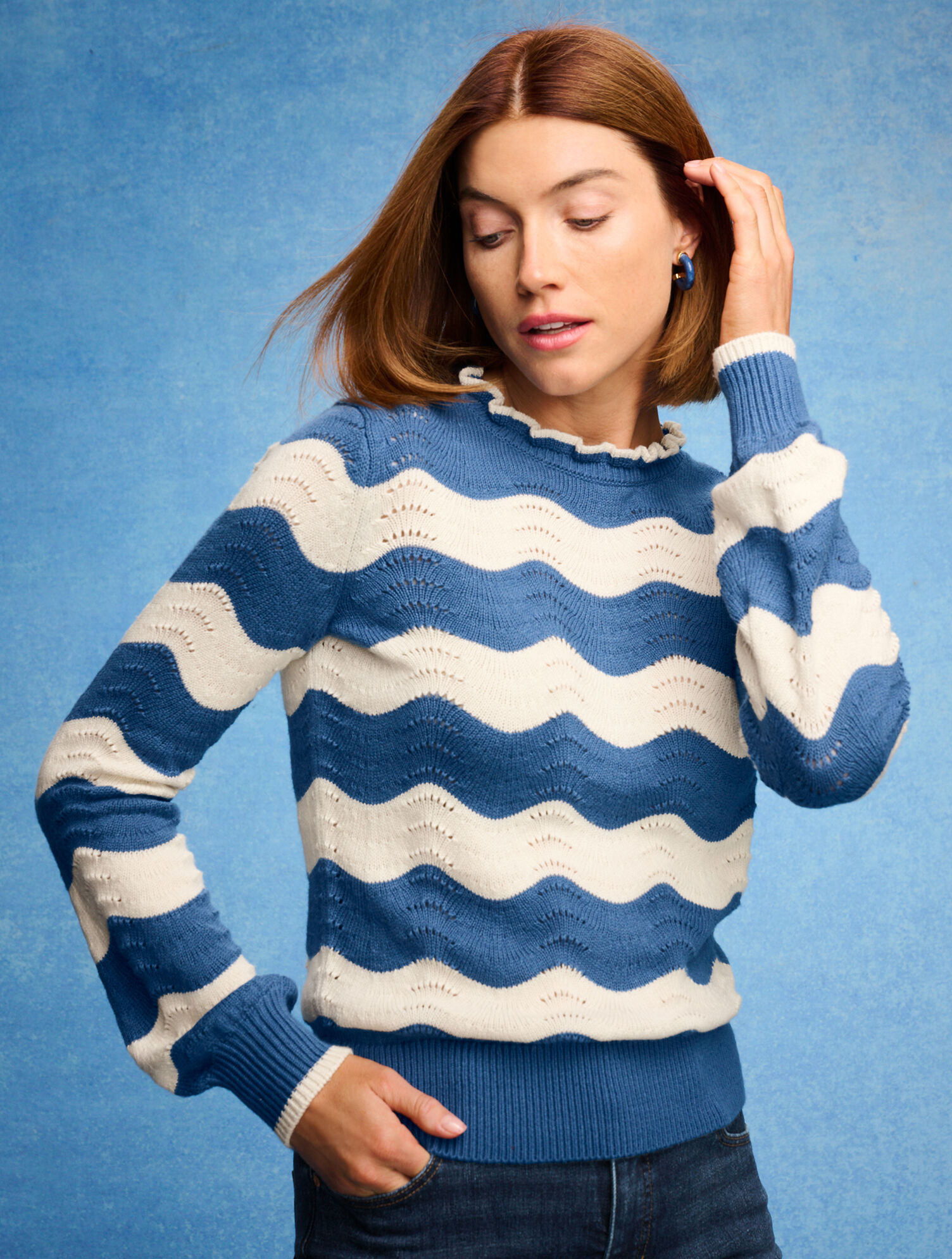 Pointelle Ruffle Mockneck Sweater - Stripe
