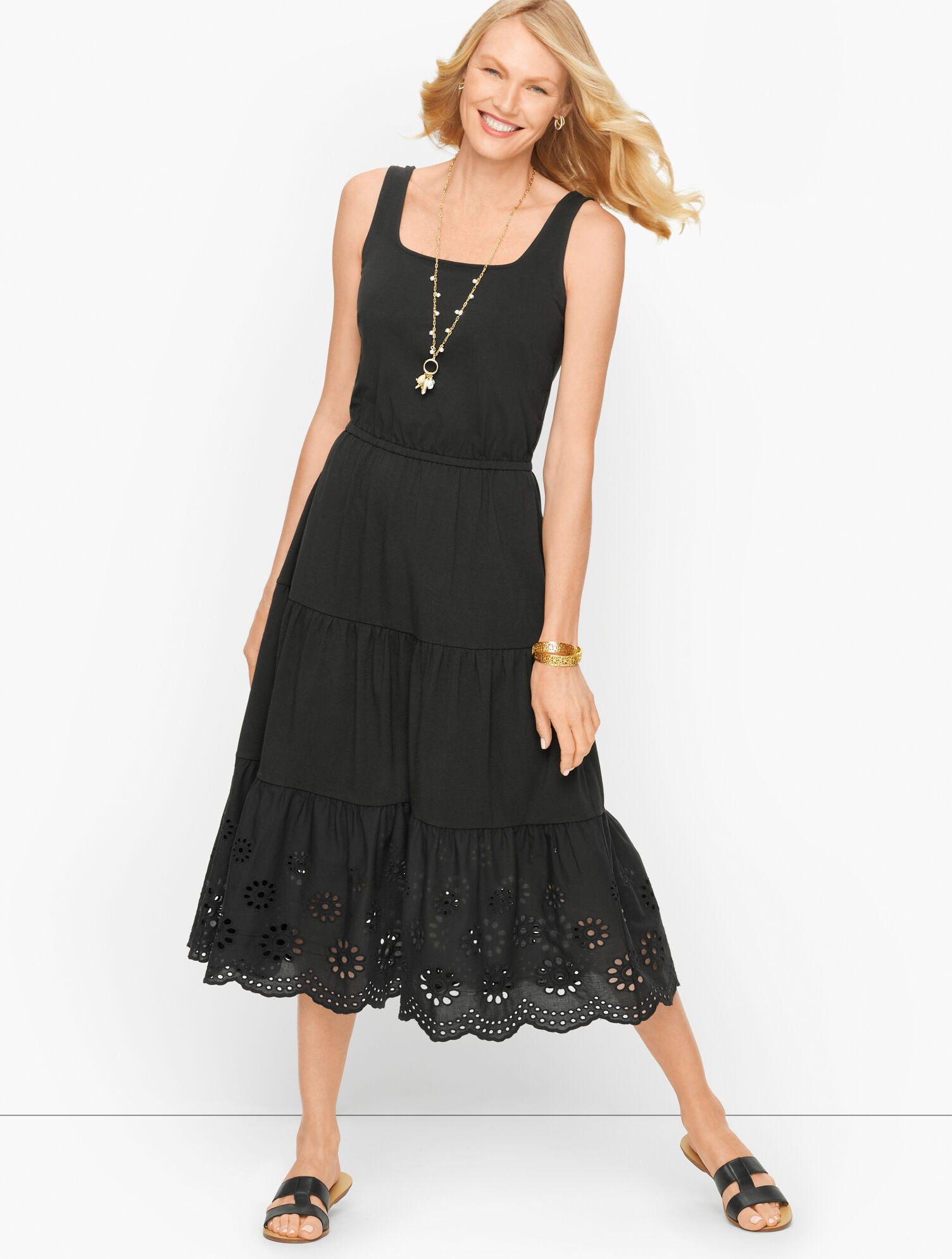 Jersey Eyelet Tiered Fit & Flare Midi Dress | Talbots Jersey Eyelet Tiered Fit & Flare Midi Dress | Talbots