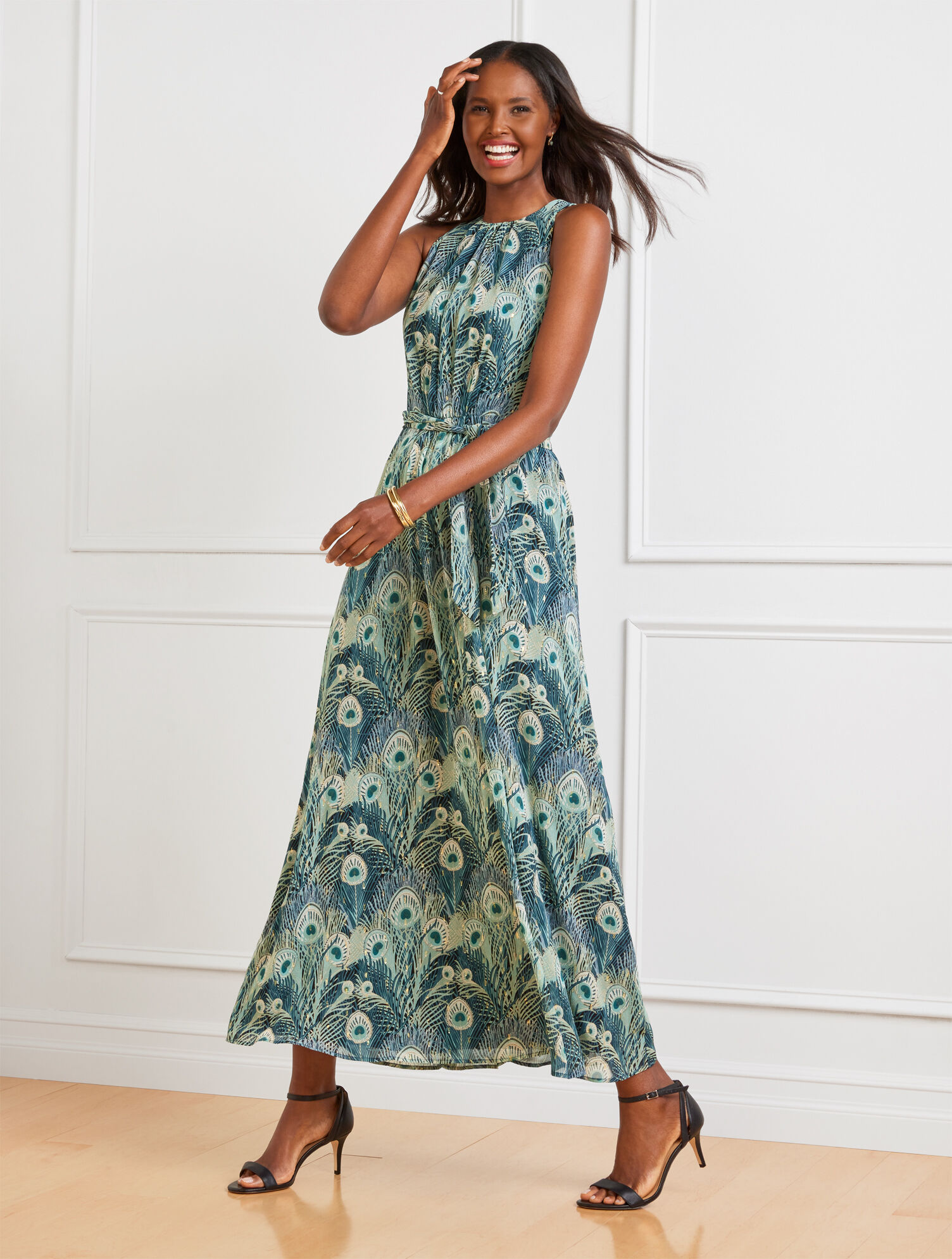 Halter Maxi Dress Peacock Feathers Talbots
