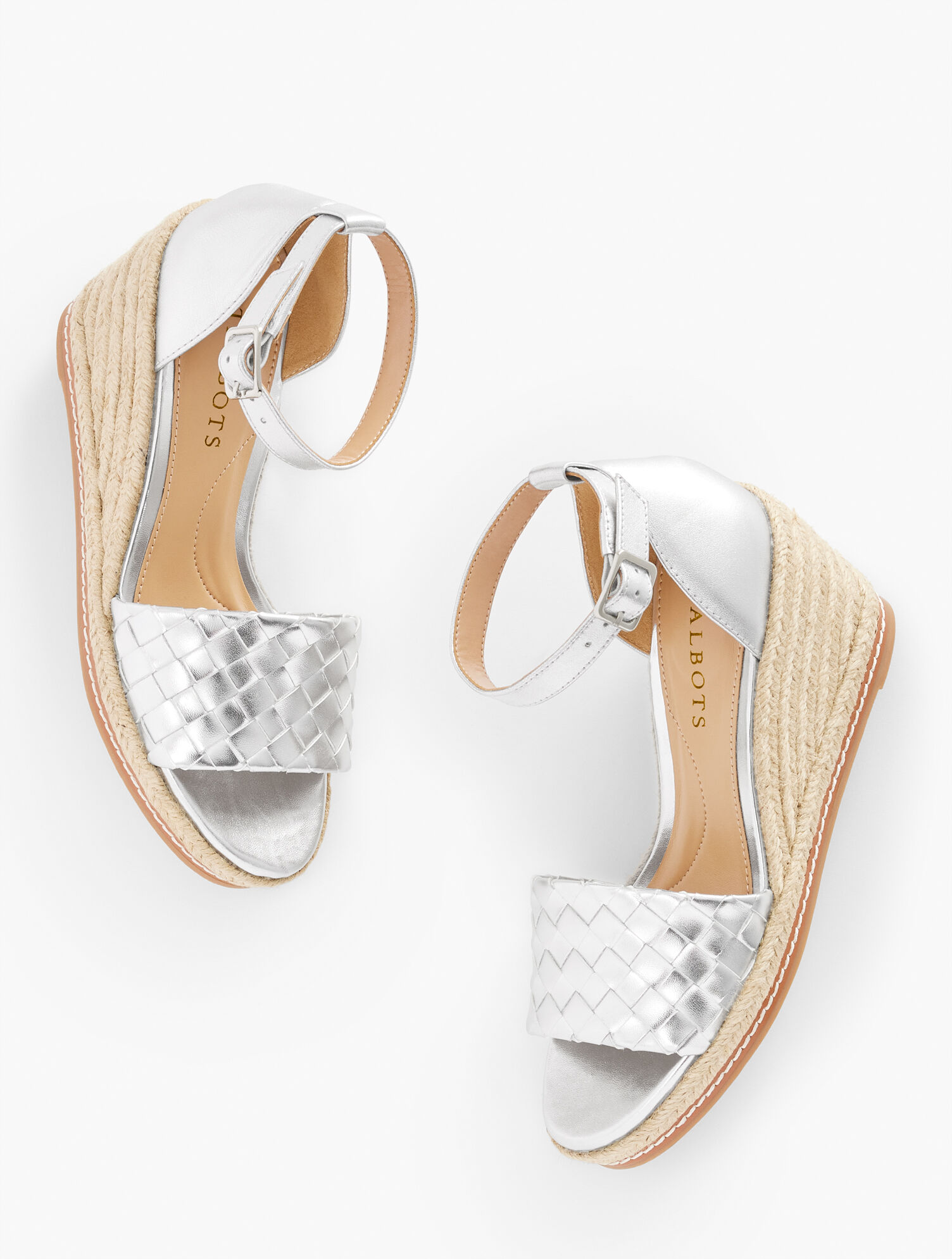 Silver espadrille wedge sandals with strap