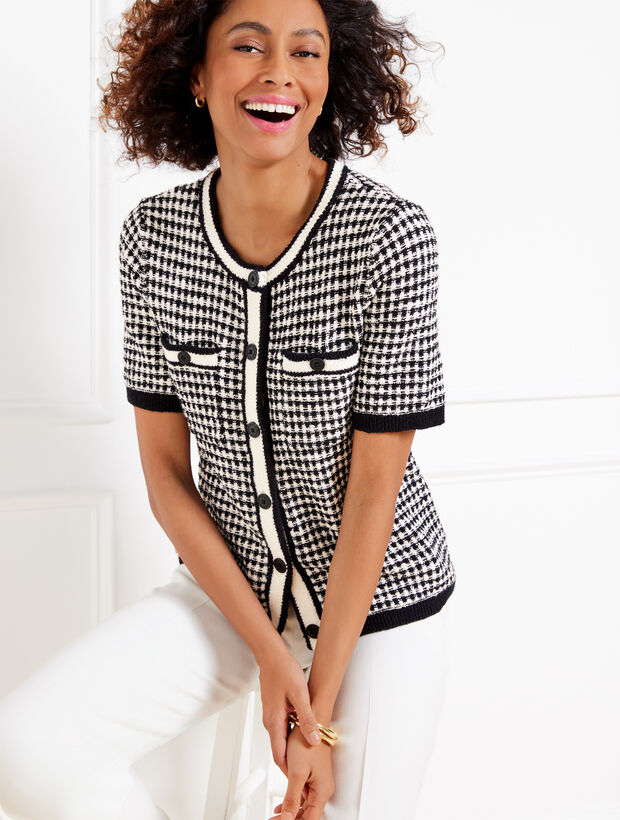 Short Sleeve Cardigan - Check Jacquard