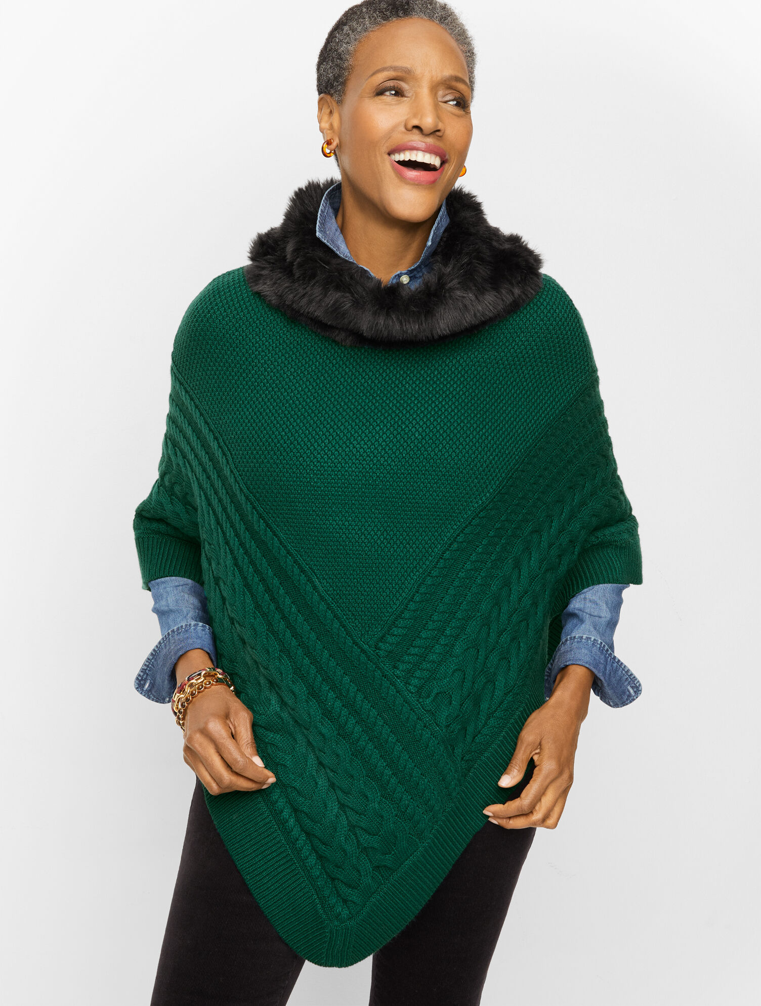 Plus Size Faux Fur Cable Knit Poncho