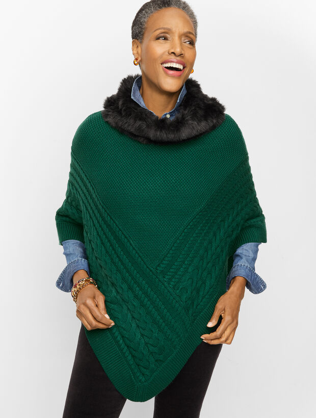 Plus Size Faux Fur Cable Knit Poncho