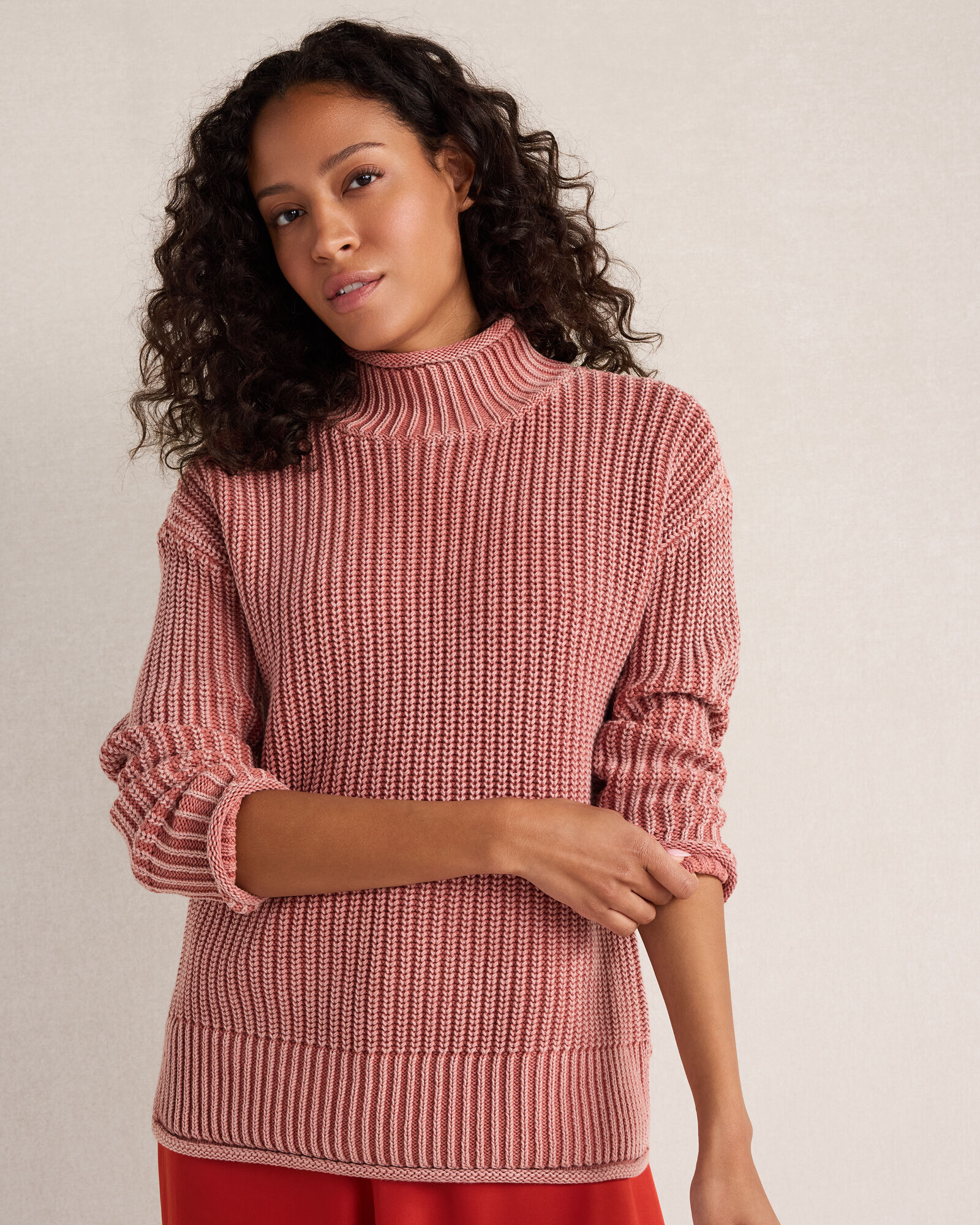 Garment-Dyed Organic Cotton Shaker Stitch Roll Neck Sweater