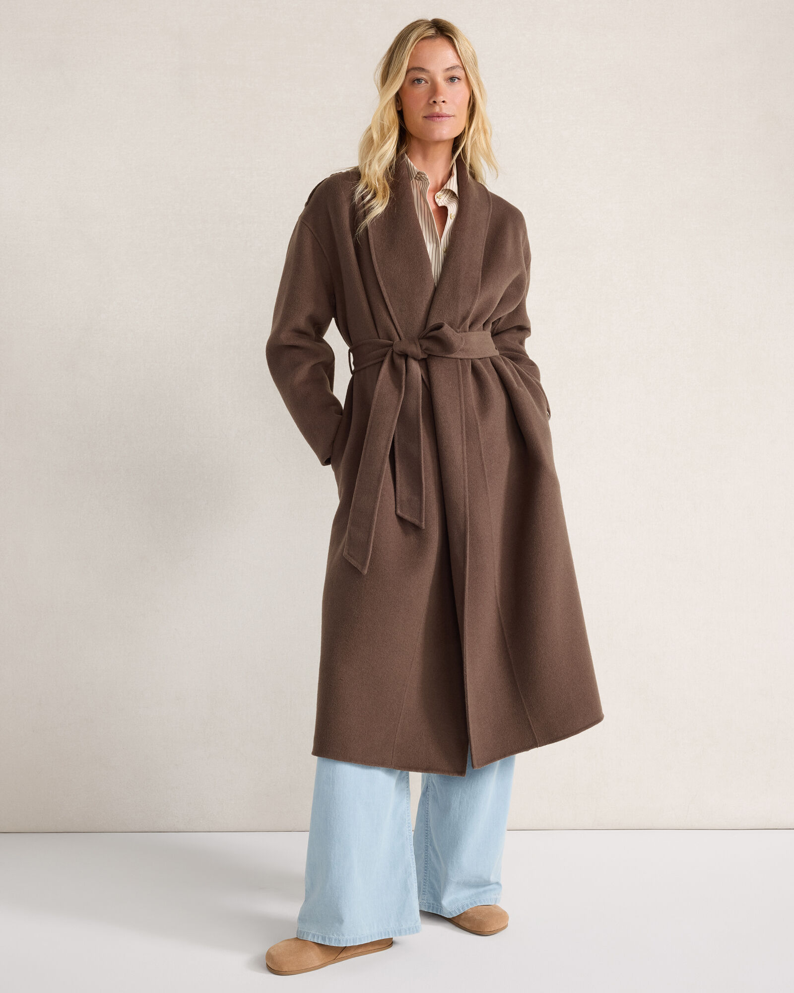 Wool Blend Midi Coat with Removable Scarf