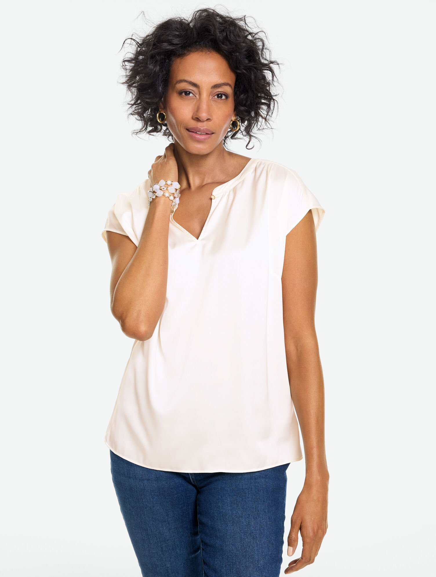 Soft Satin Charmeuse Split Neck Top