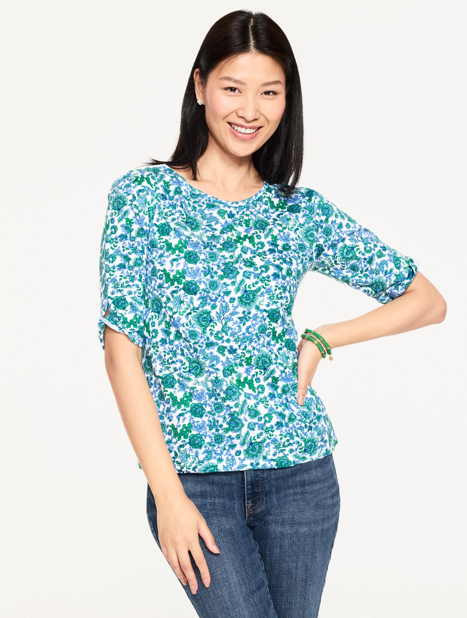 Elbow Sleeve Knot Top - Jumping Jacobean