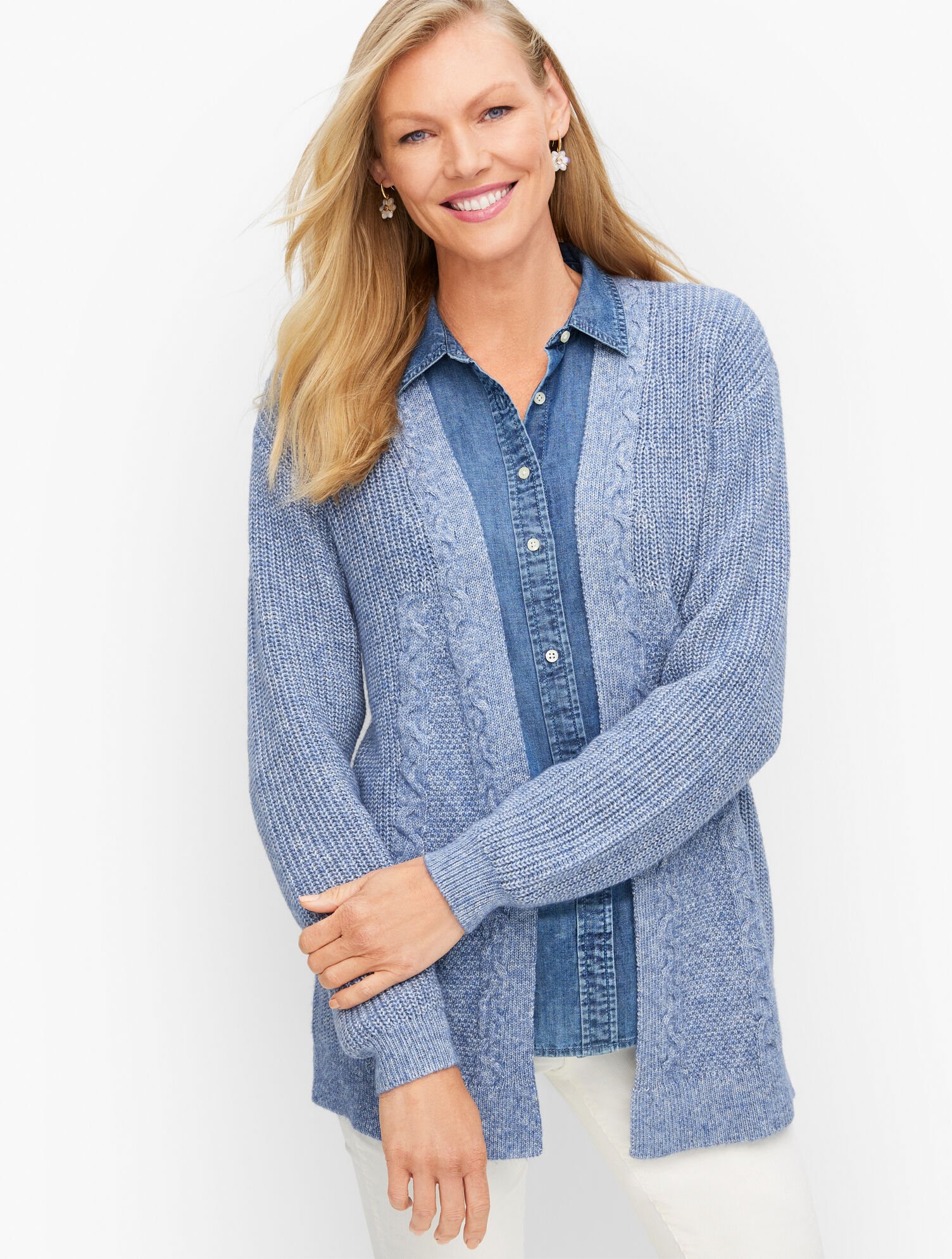 Cable Knit Open Front Cardigan Talbots