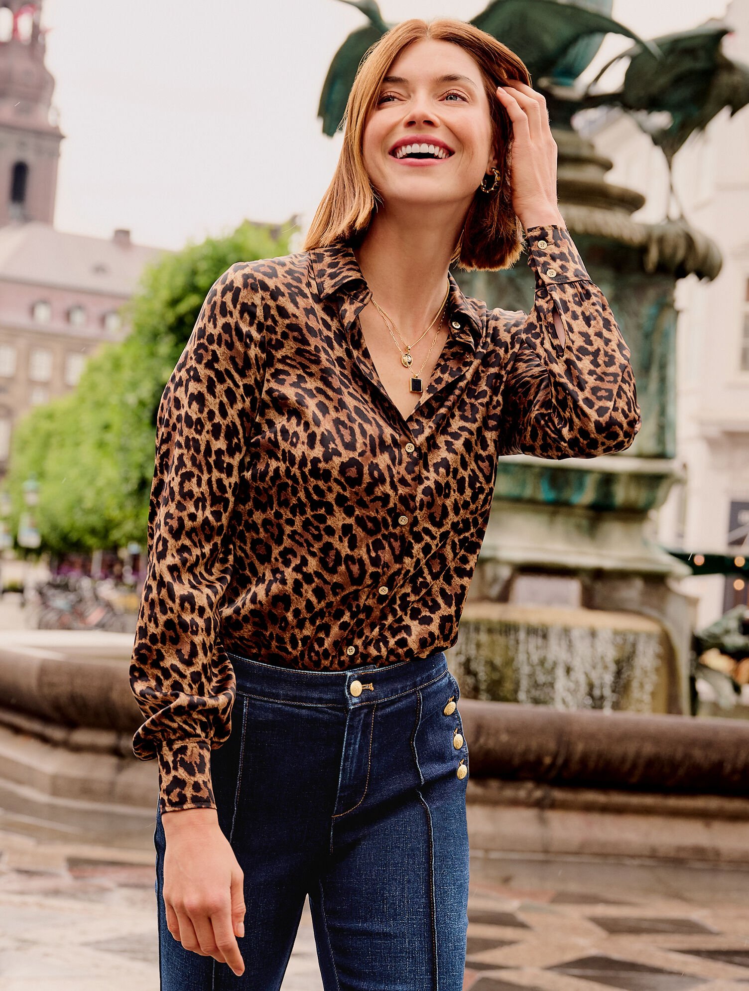 Soft Satin Charmeuse Button Front Shirt Leopard Talbots