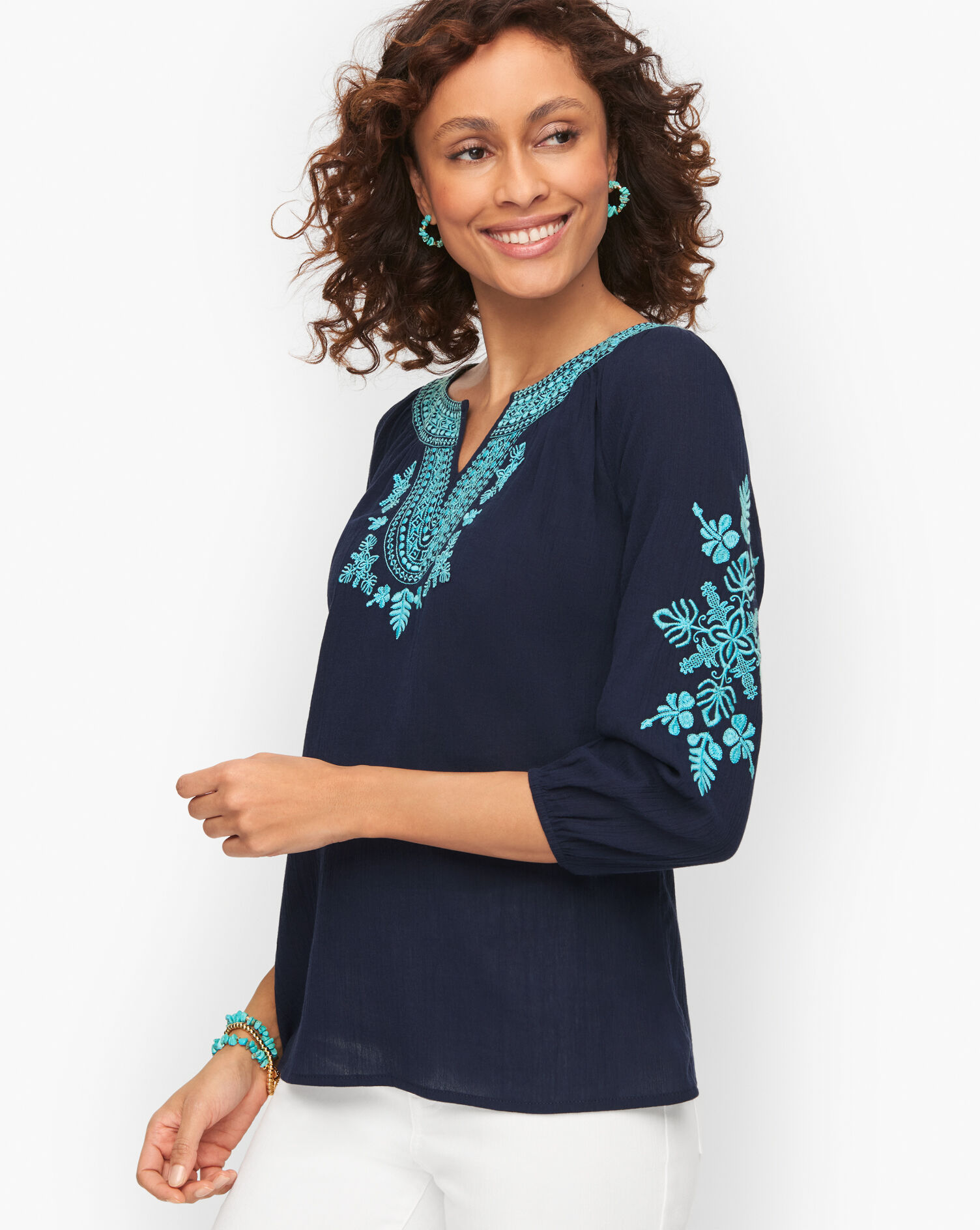 Talbots Embroidered Gauze Ruffle Neck Top in Blue