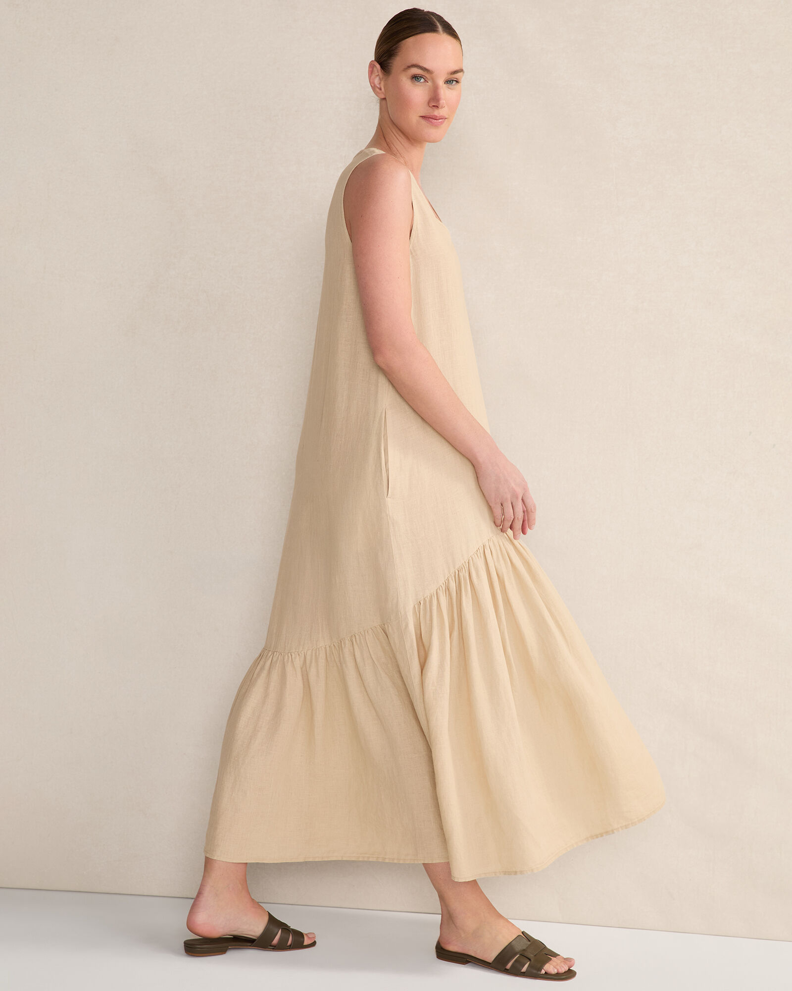 Linen V-Neck Tiered Midi Dress