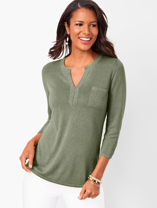 Linen-Blend Split-Neck Sweater