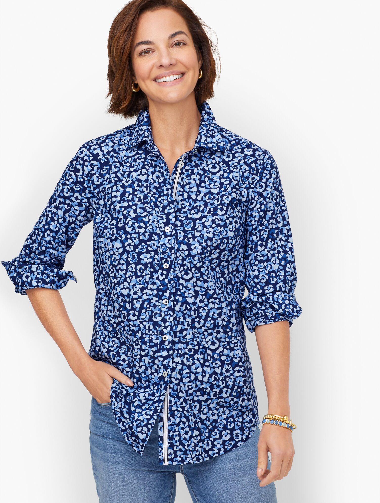 Abstract Leopard Cotton Button Front Shirt Talbots