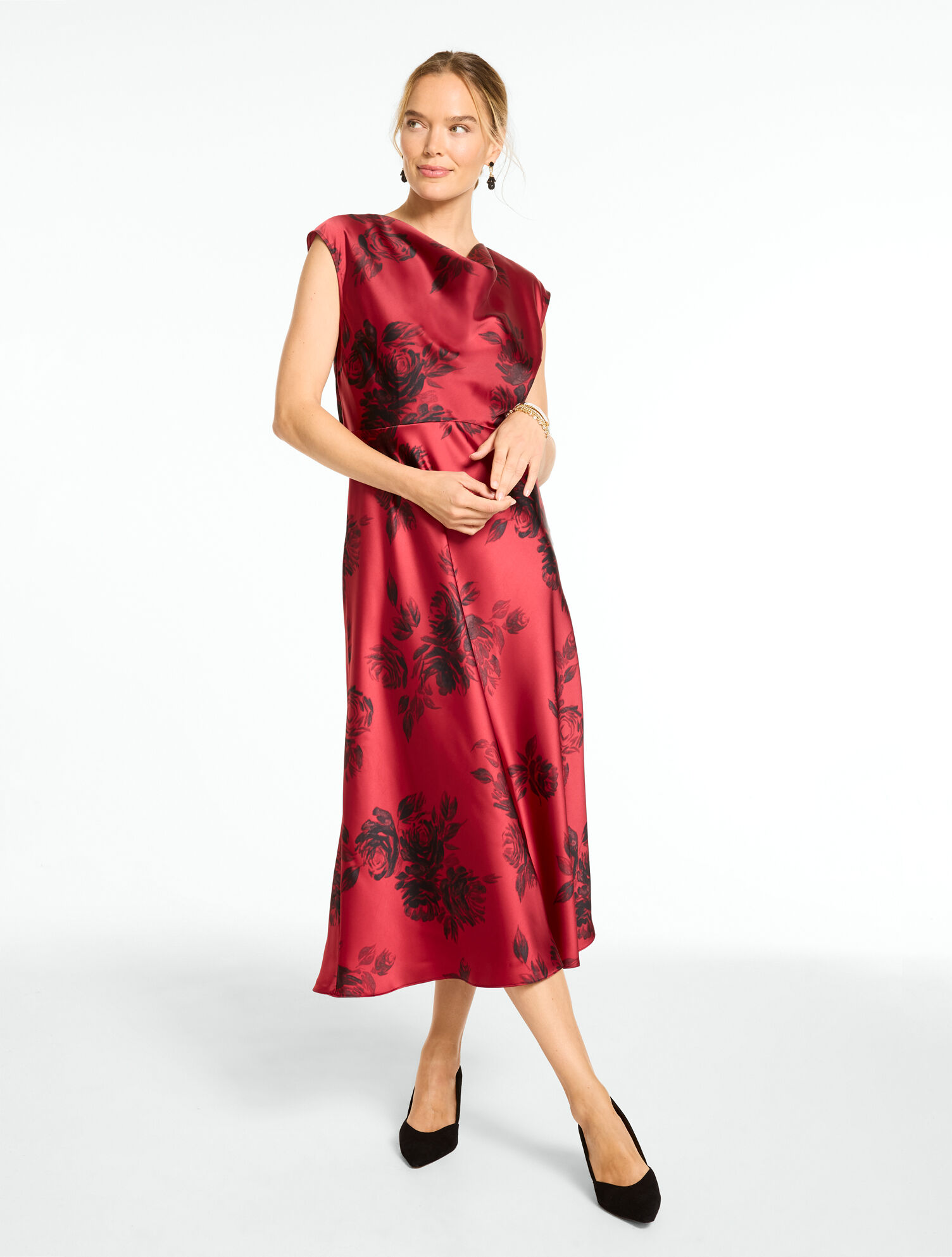 Satin Cowl-Neck Midi Dress - Enchanting Roses