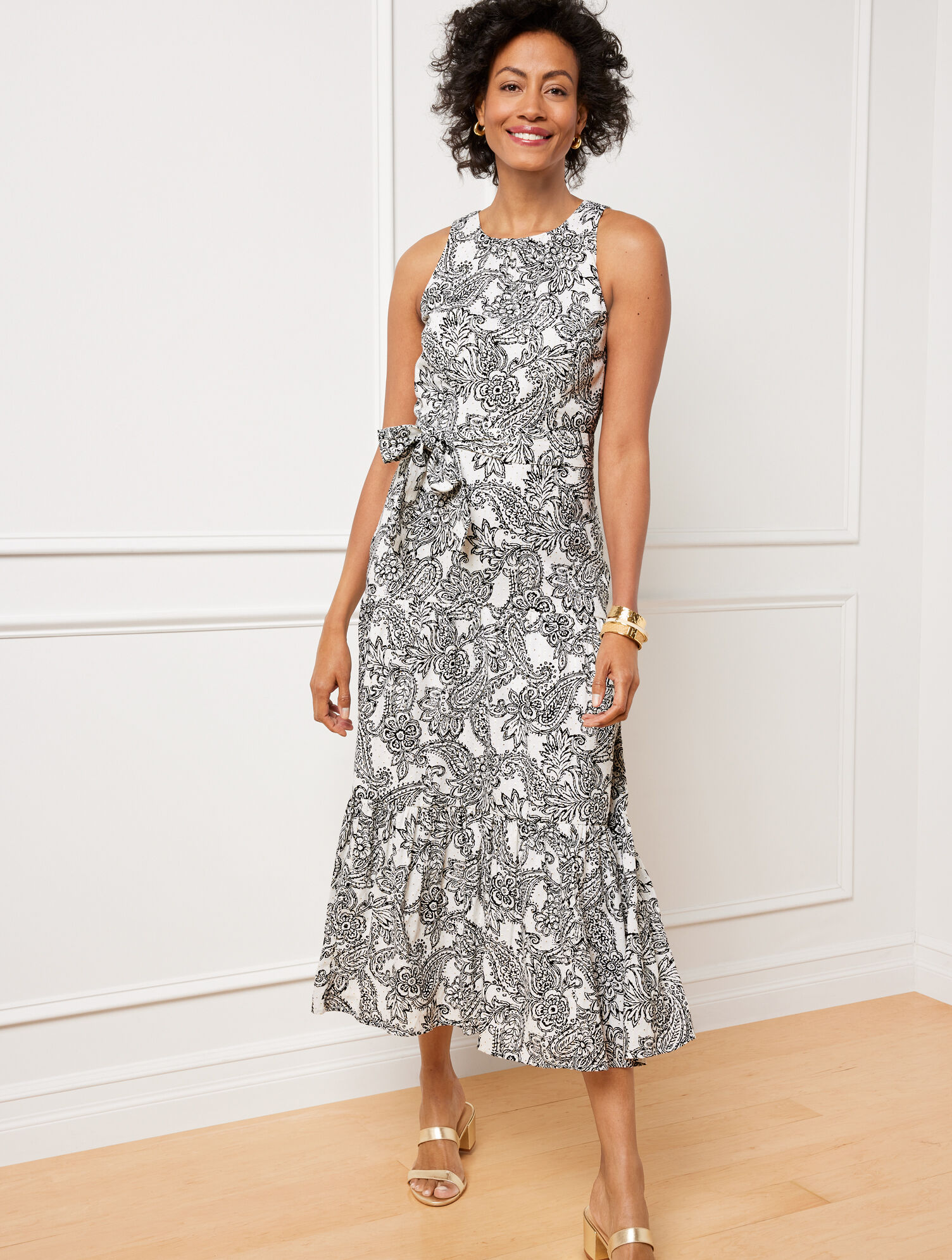 Belted Midi Dress - Engraved Metallic Paisley | Talbots
