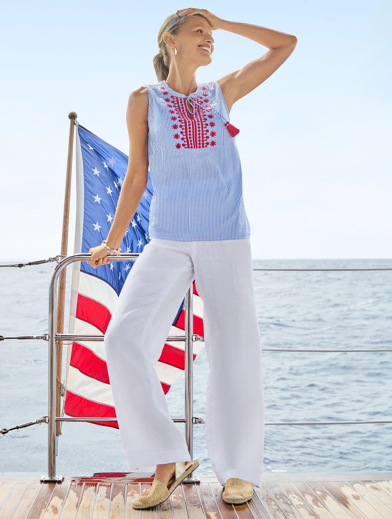 Breezy Stripe Seersucker Embroidered Shell