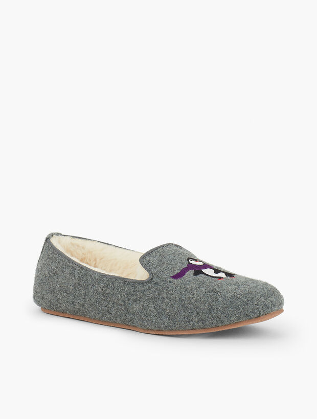 Fireside Slippers - Penguin Embroidered Flannel