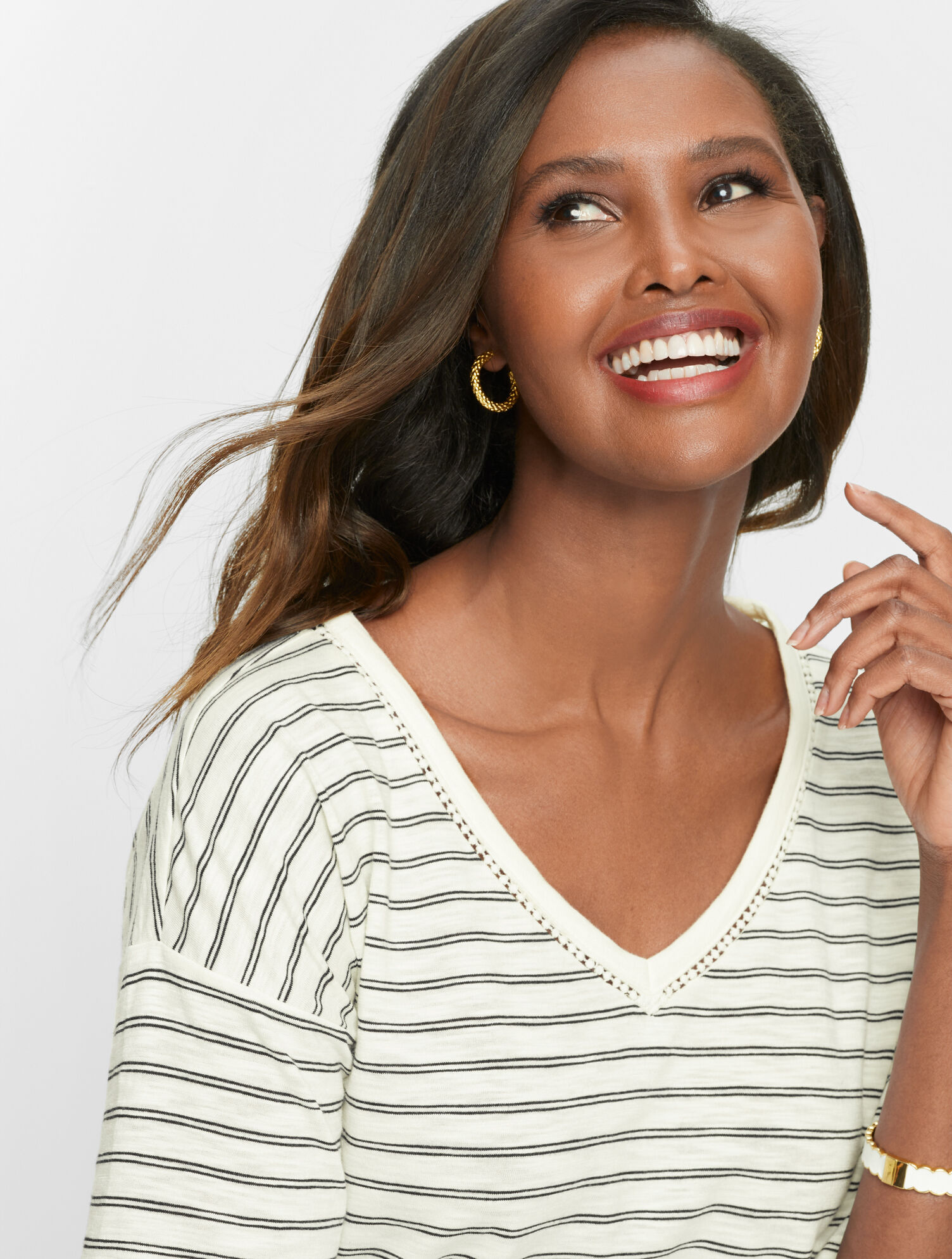 Elbow Sleeve V-Neck Tee - Stripe