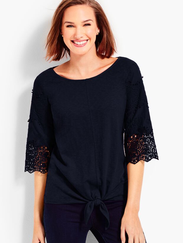 Lace-Sleeve Tie-Front Tee