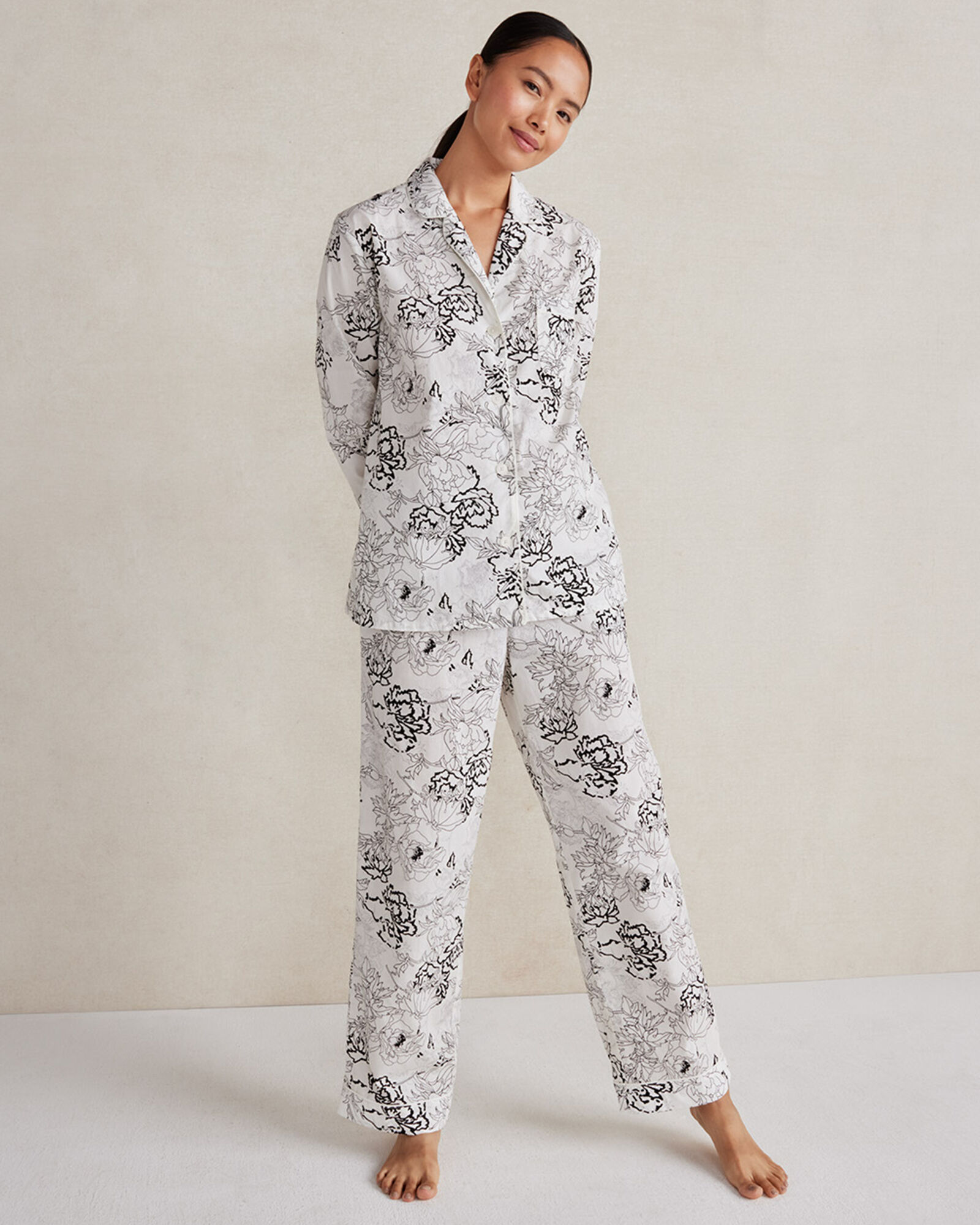 Cotton Poplin Sketched Floral Pajama Pants