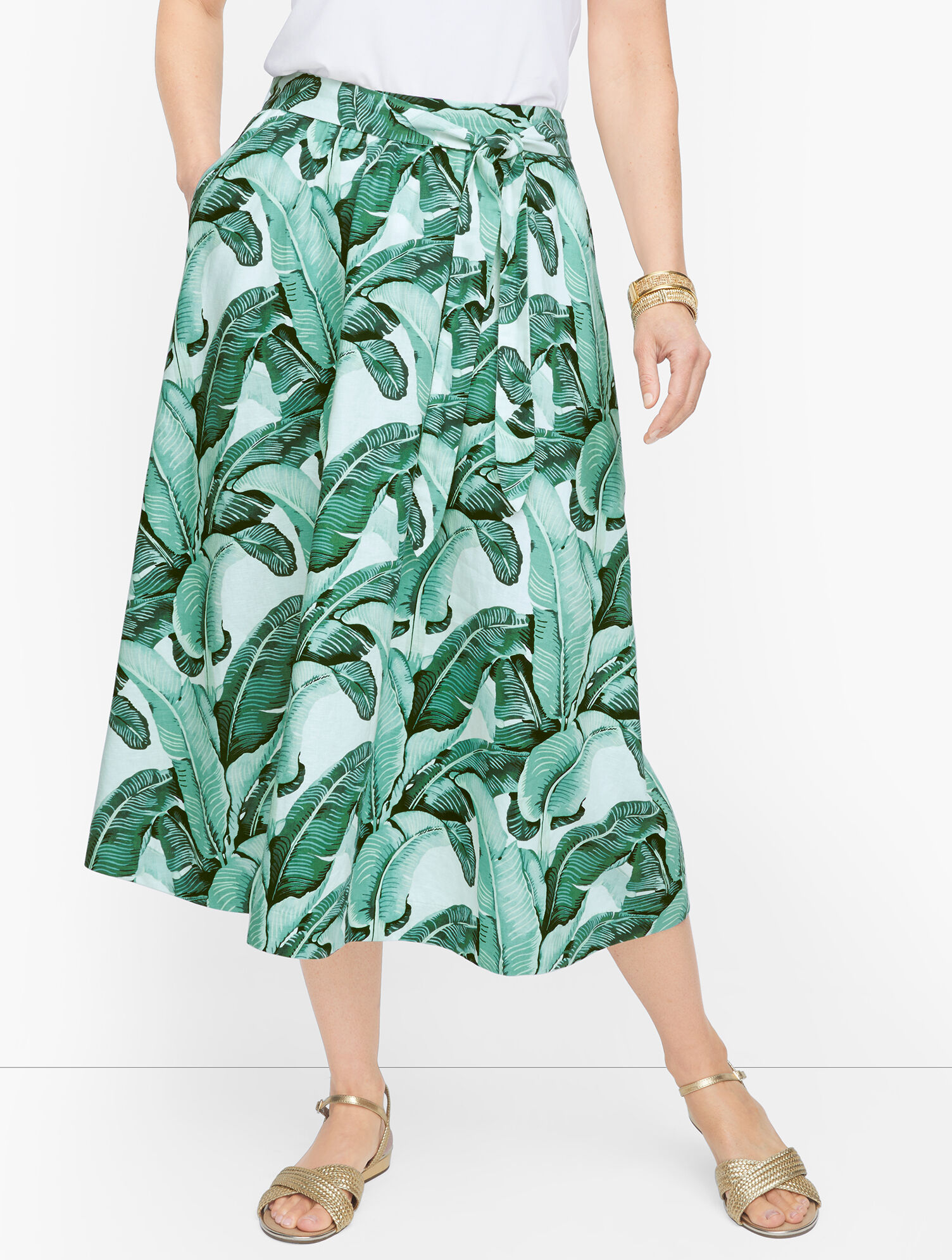 Linen Palm Leaves Midi Skirt