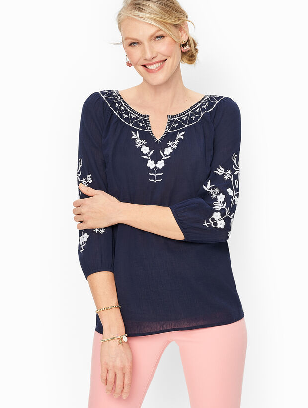 Flower Embroidered Gauze Top