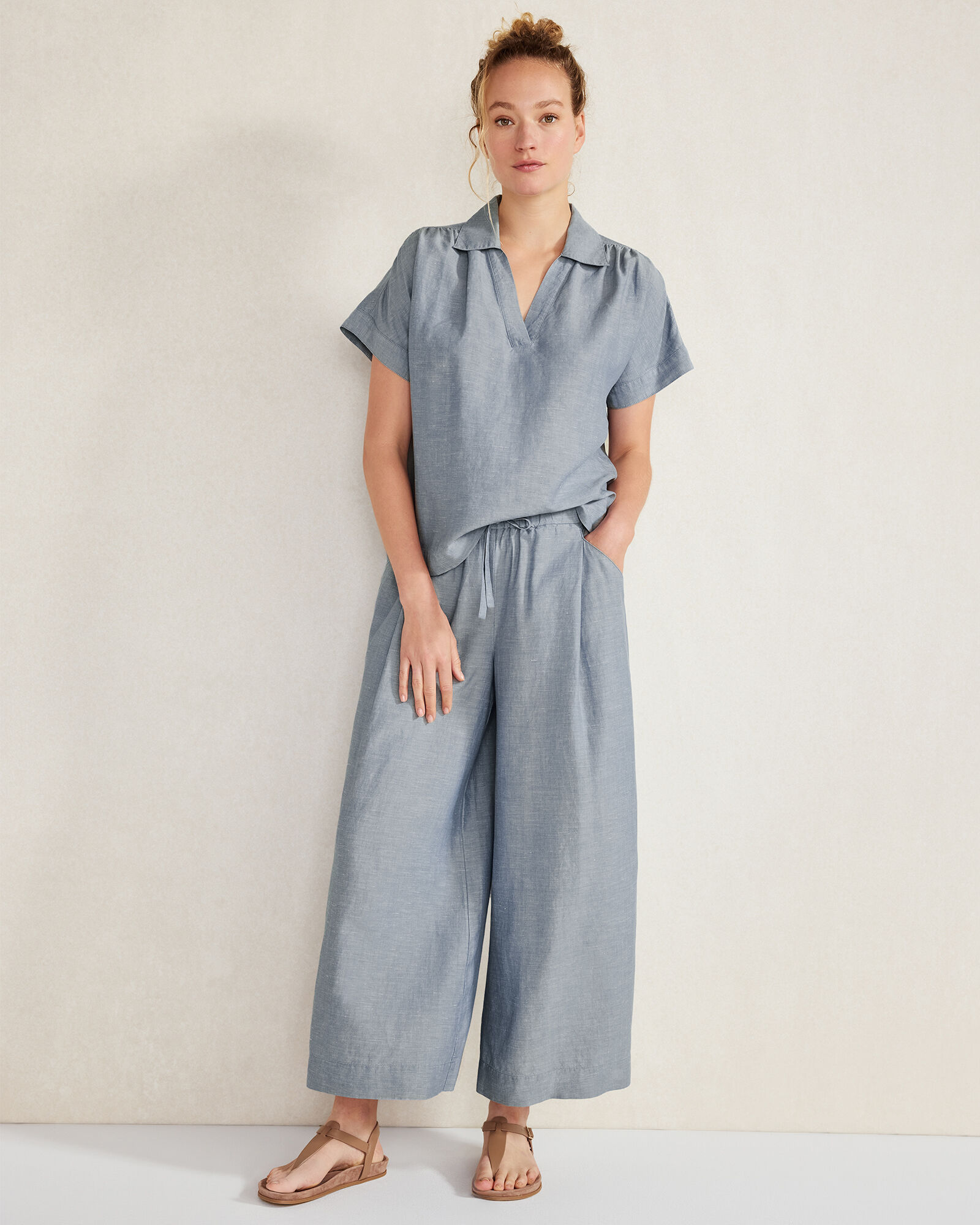 0250~Side Zip Cotton Cropped Palazzo Pants main image 0