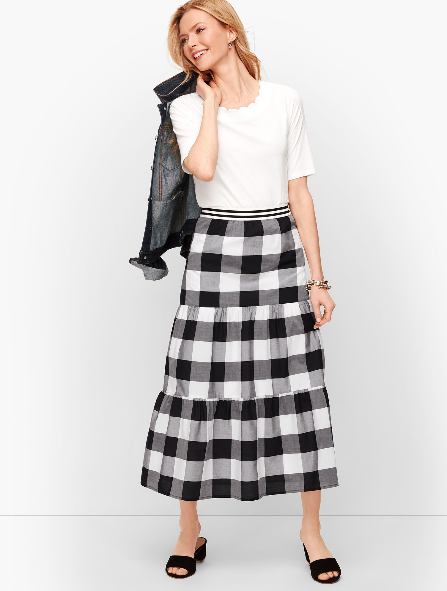 Buffalo Check Tiered Midi Skirt