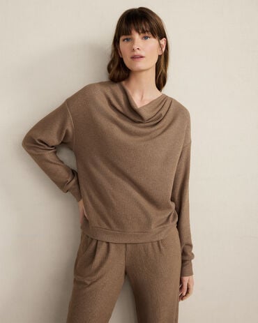 Brushed Rib Knit Drape Neck Top