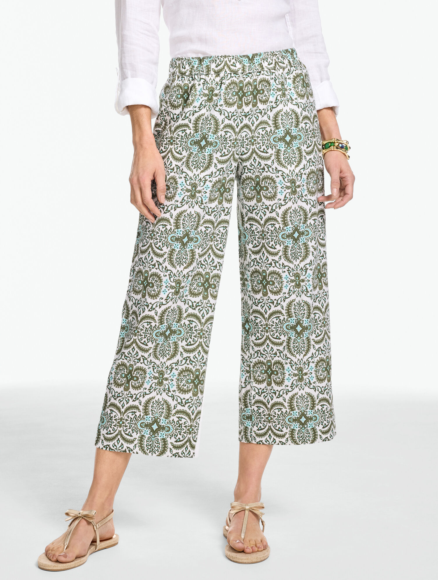 Washed Linen Wide Crop Pull-On Pants - Royal Medallion
