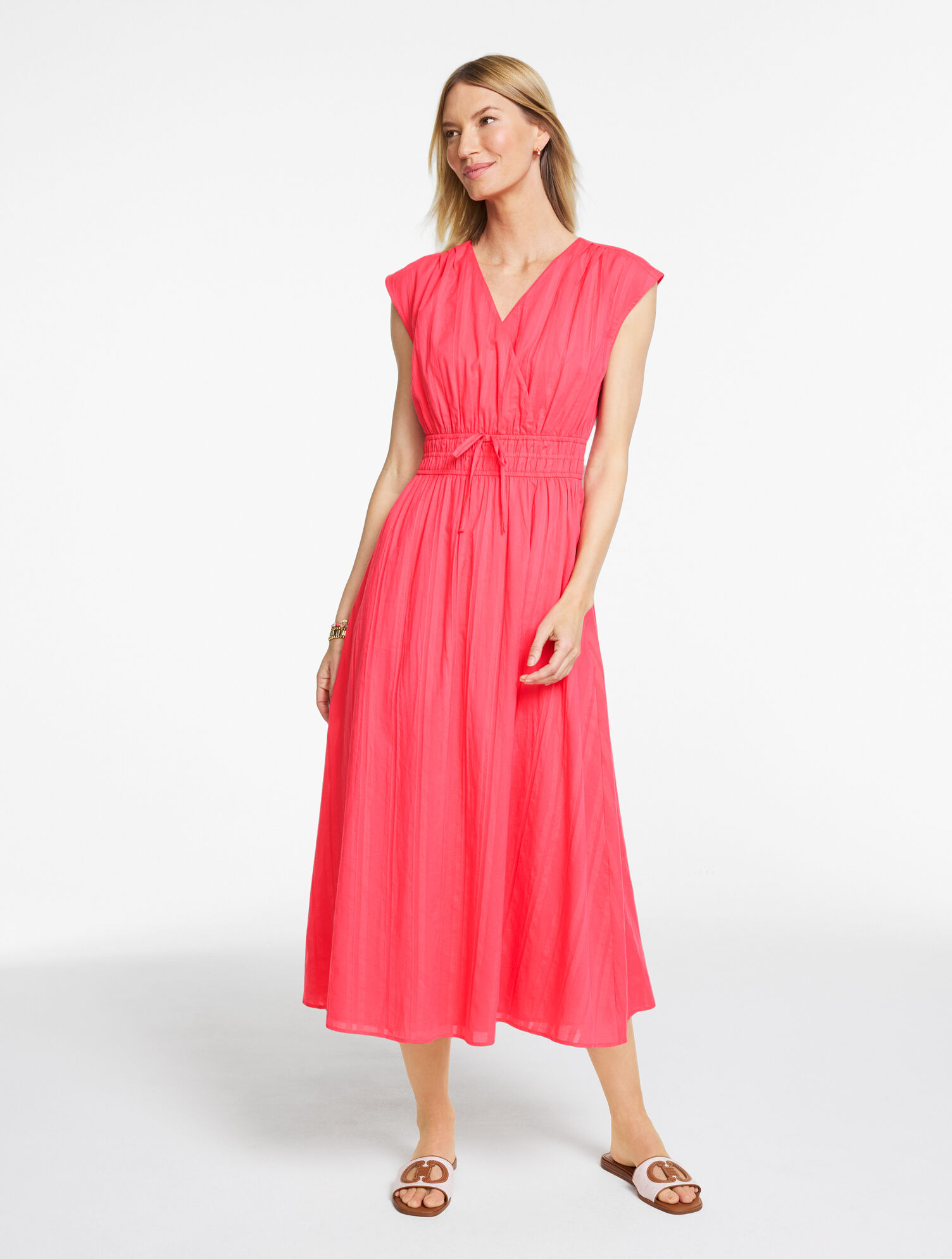 Extended Shoulder Fit &amp; Flare Dress - Dobby Stripe