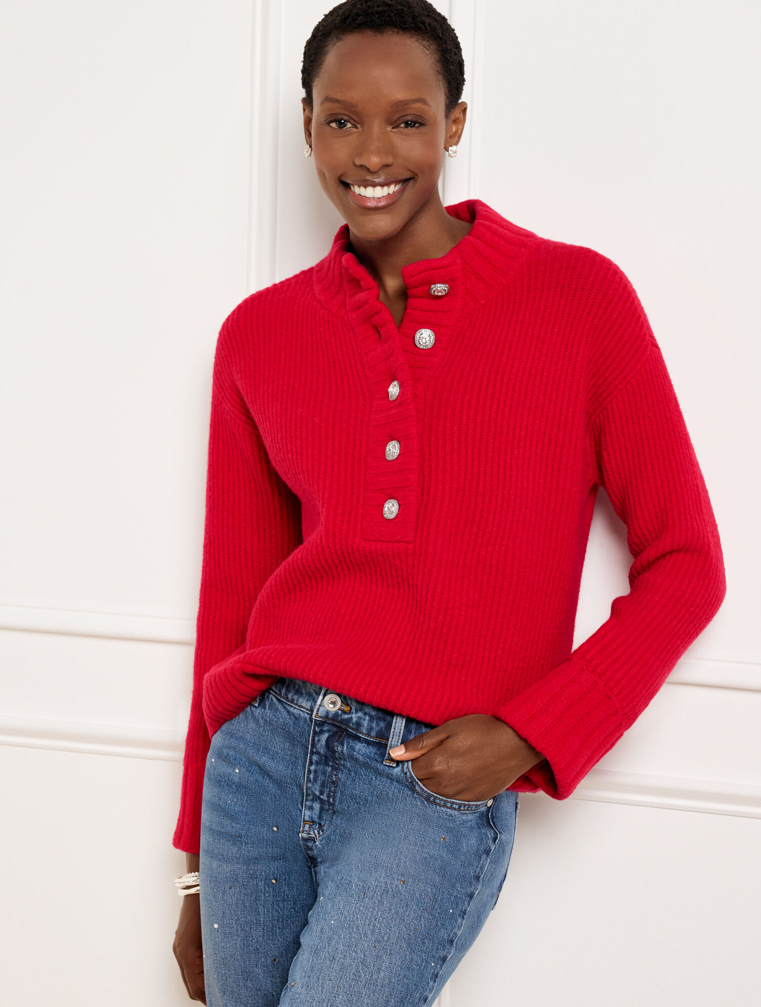 Jewel Button Henley Pullover